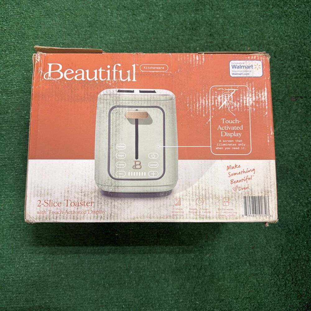 Beautiful by Drew Barrymore 2 Slice Toaster Touch Activated Sage Green NIB